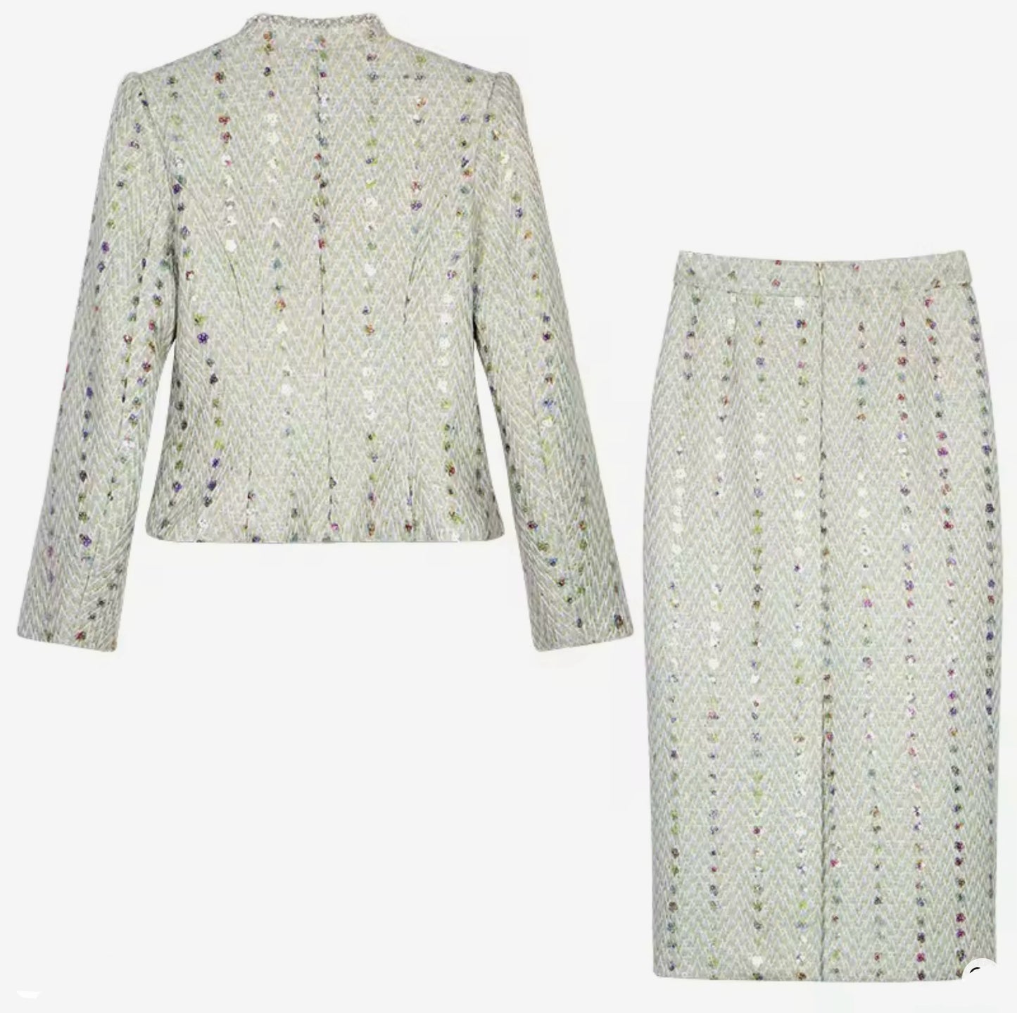Luxury Light Green Tweed Skirt Suit Set – Women’s Two-Piece Blazer & Slim Midi Skirt with Sequin Details | Celebrity-Inspired Elegant Fashion