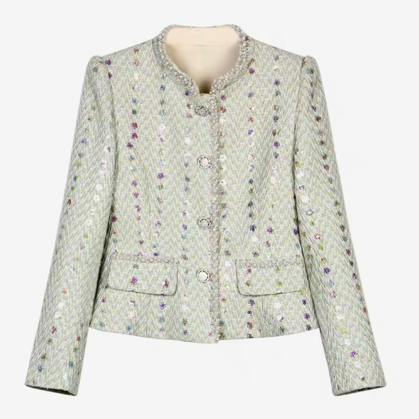 Luxury Light Green Tweed Skirt Suit Set – Women’s Two-Piece Blazer & Slim Midi Skirt with Sequin Details | Celebrity-Inspired Elegant Fashion