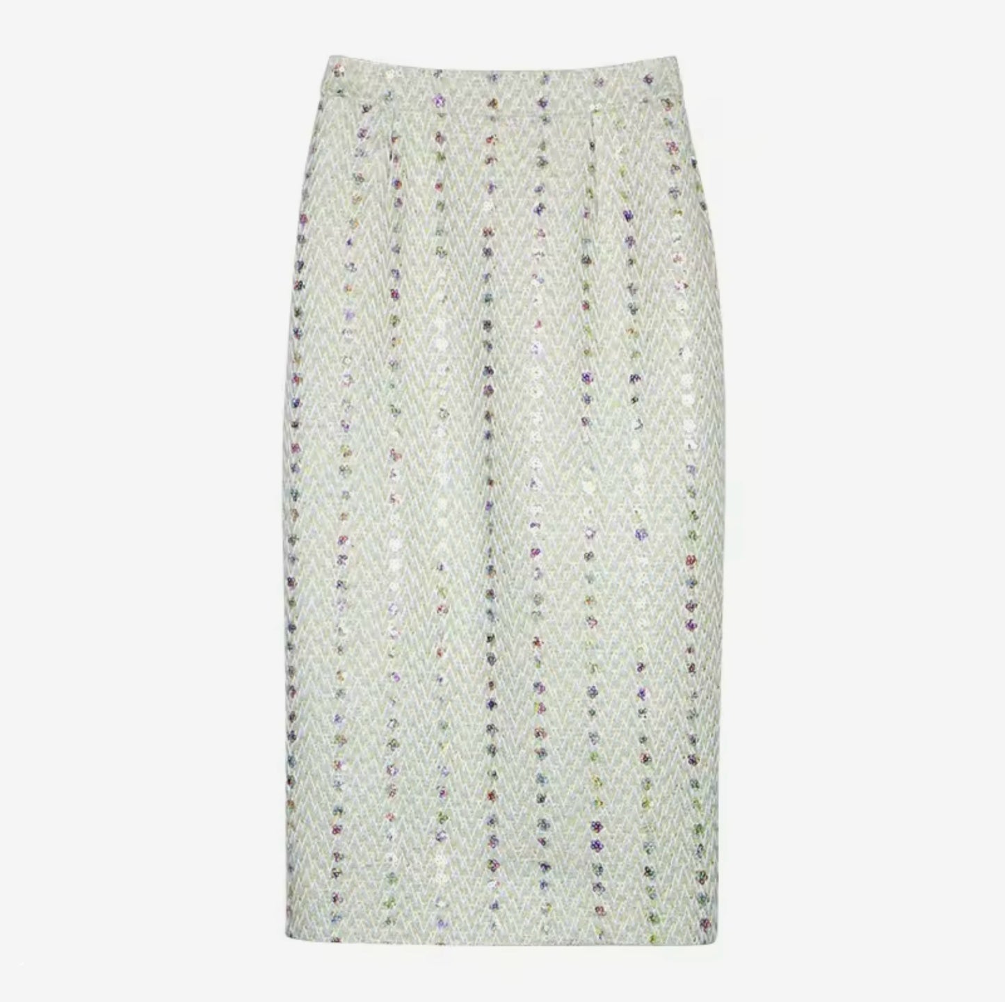 Luxury Light Green Tweed Skirt Suit Set – Women’s Two-Piece Blazer & Slim Midi Skirt with Sequin Details | Celebrity-Inspired Elegant Fashion