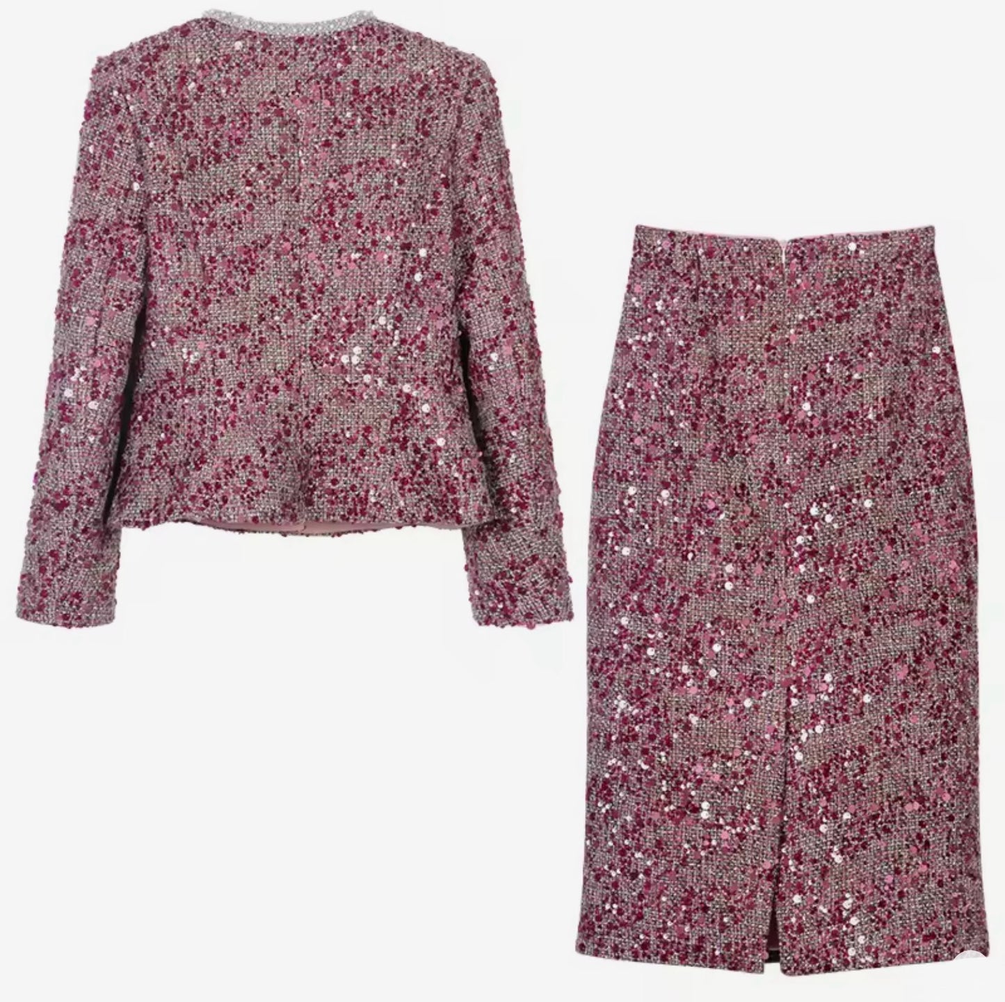 Luxury Pink Sequin Tweed Skirt Suit Set – Women’s Two-Piece Blazer & Midi Skirt with Pearl Trim | Celebrity-Inspired High-End Fashion
