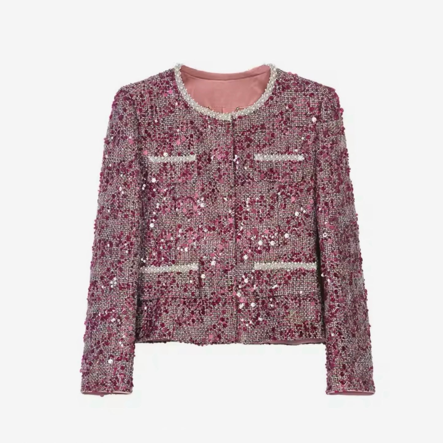 Luxury Pink Sequin Tweed Skirt Suit Set – Women’s Two-Piece Blazer & Midi Skirt with Pearl Trim | Celebrity-Inspired High-End Fashion