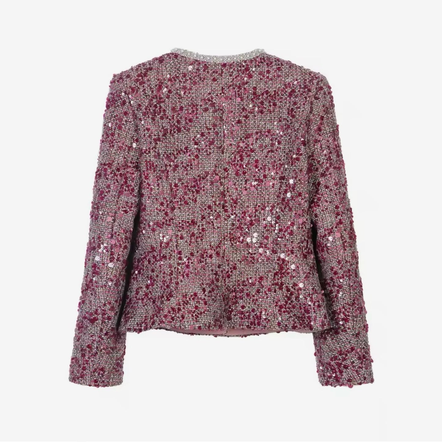 Luxury Pink Sequin Tweed Skirt Suit Set – Women’s Two-Piece Blazer & Midi Skirt with Pearl Trim | Celebrity-Inspired High-End Fashion