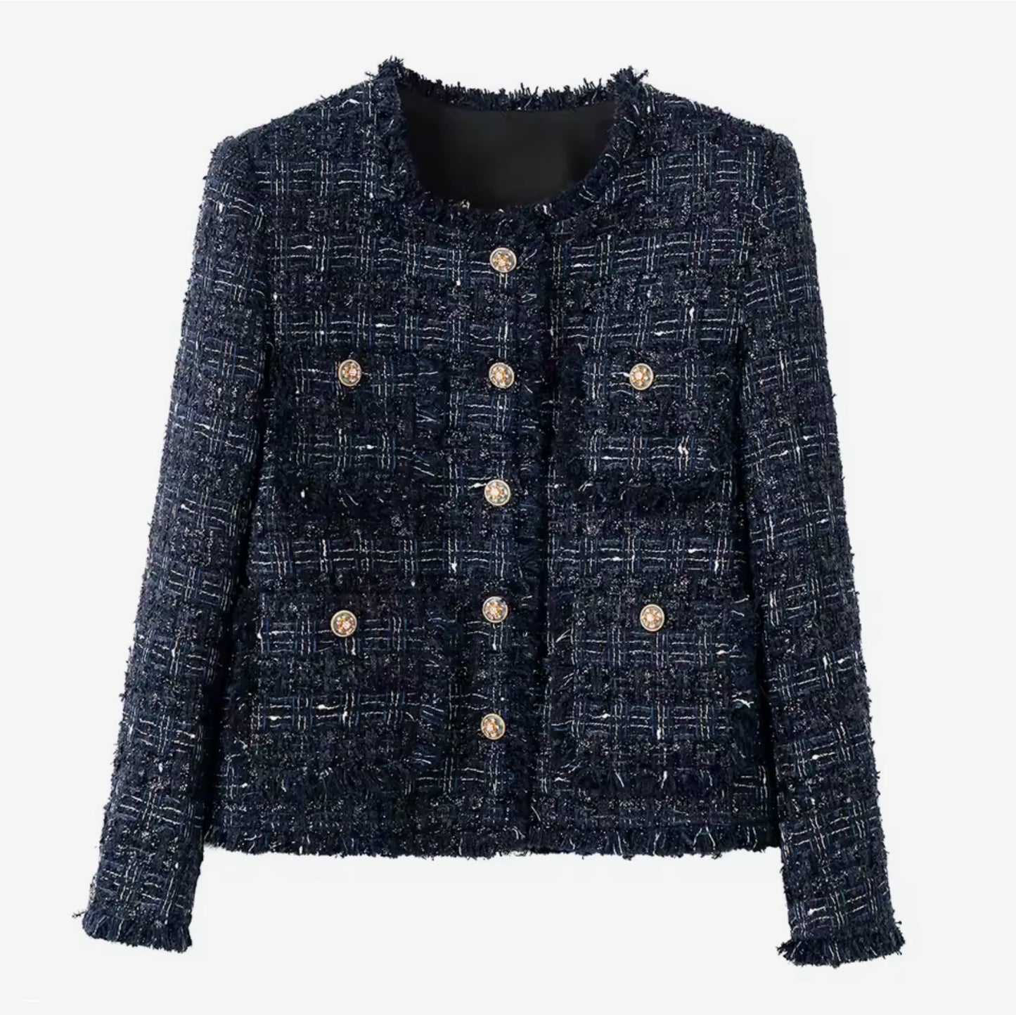 Luxury Navy Blue Tweed Jacket – Women’s Round Neck Single-Breasted Blazer with Gold Buttons | Elegant Celebrity-Inspired Fashion