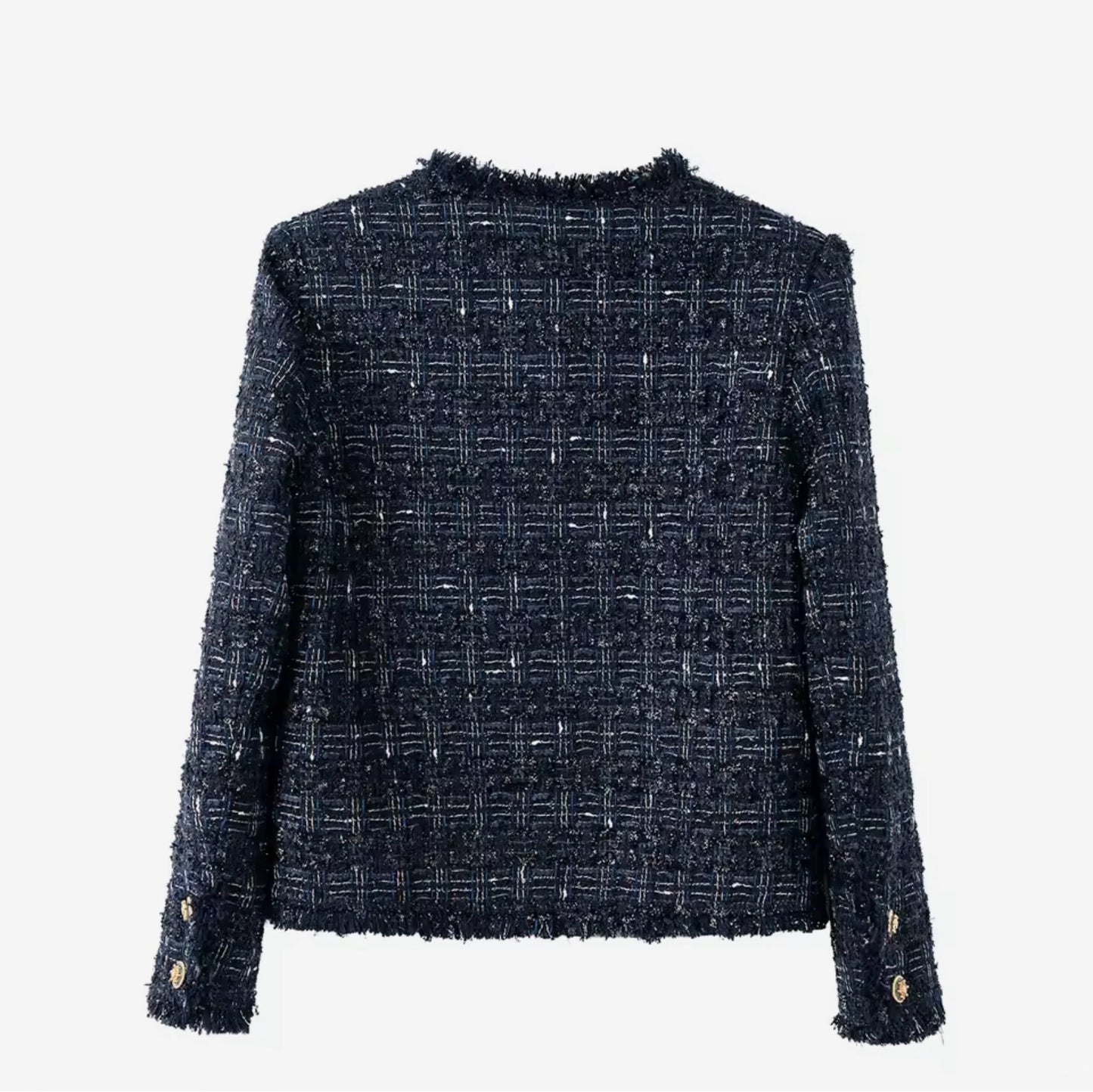Luxury Navy Blue Tweed Jacket – Women’s Round Neck Single-Breasted Blazer with Gold Buttons | Elegant Celebrity-Inspired Fashion