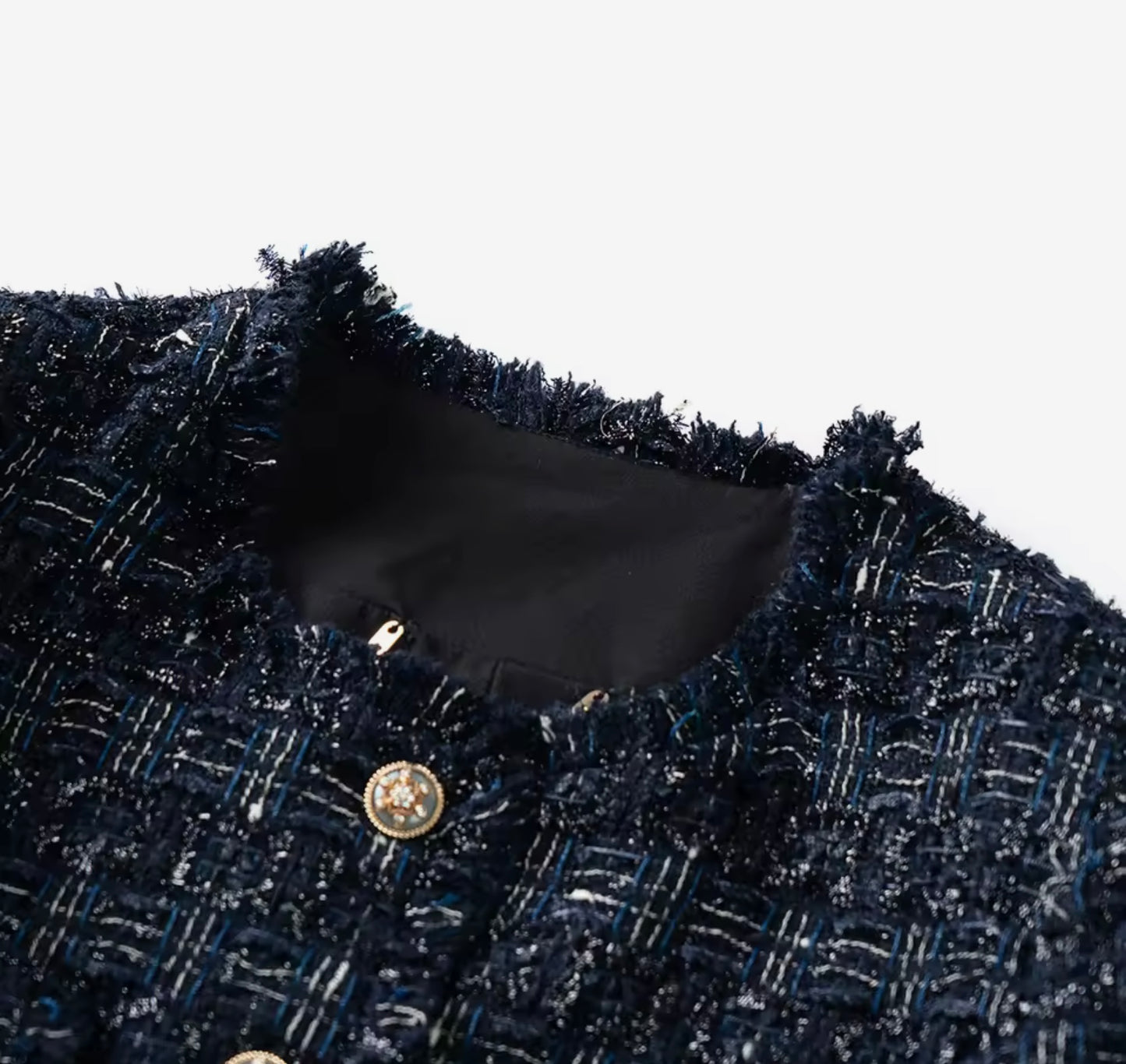 Luxury Navy Blue Tweed Jacket – Women’s Round Neck Single-Breasted Blazer with Gold Buttons | Elegant Celebrity-Inspired Fashion