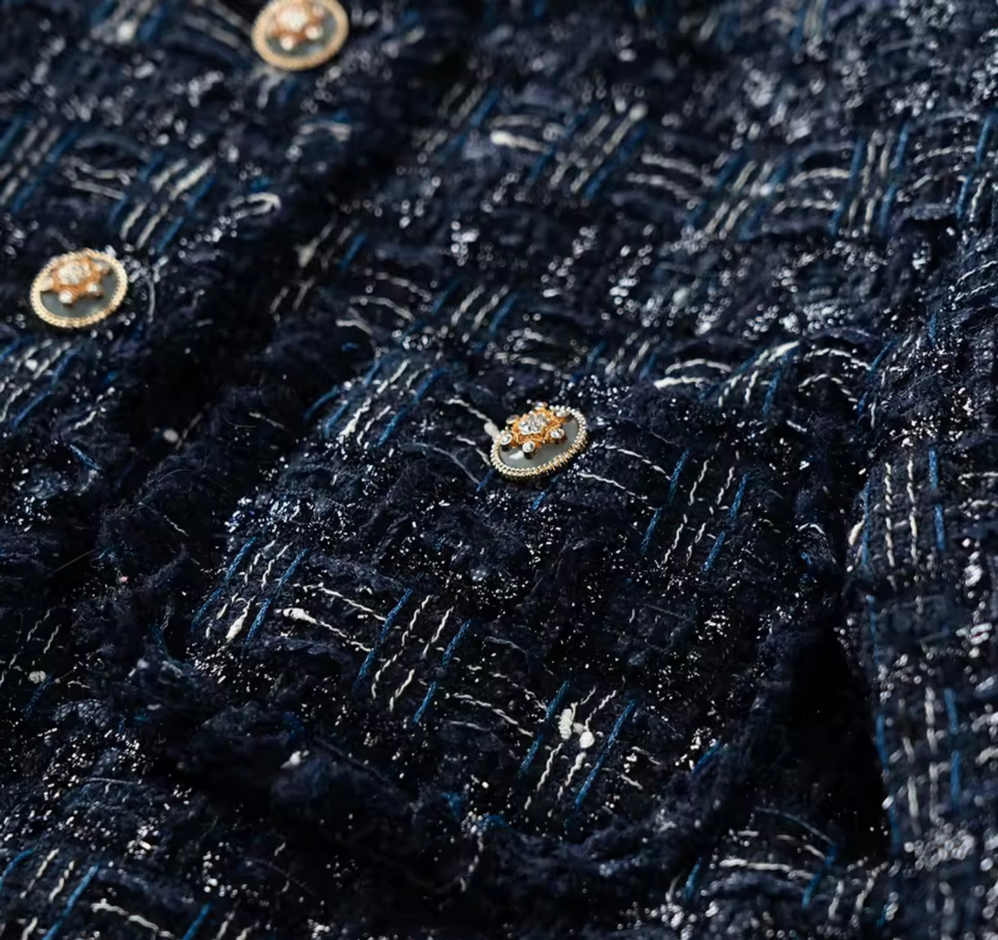 Luxury Navy Blue Tweed Jacket – Women’s Round Neck Single-Breasted Blazer with Gold Buttons | Elegant Celebrity-Inspired Fashion