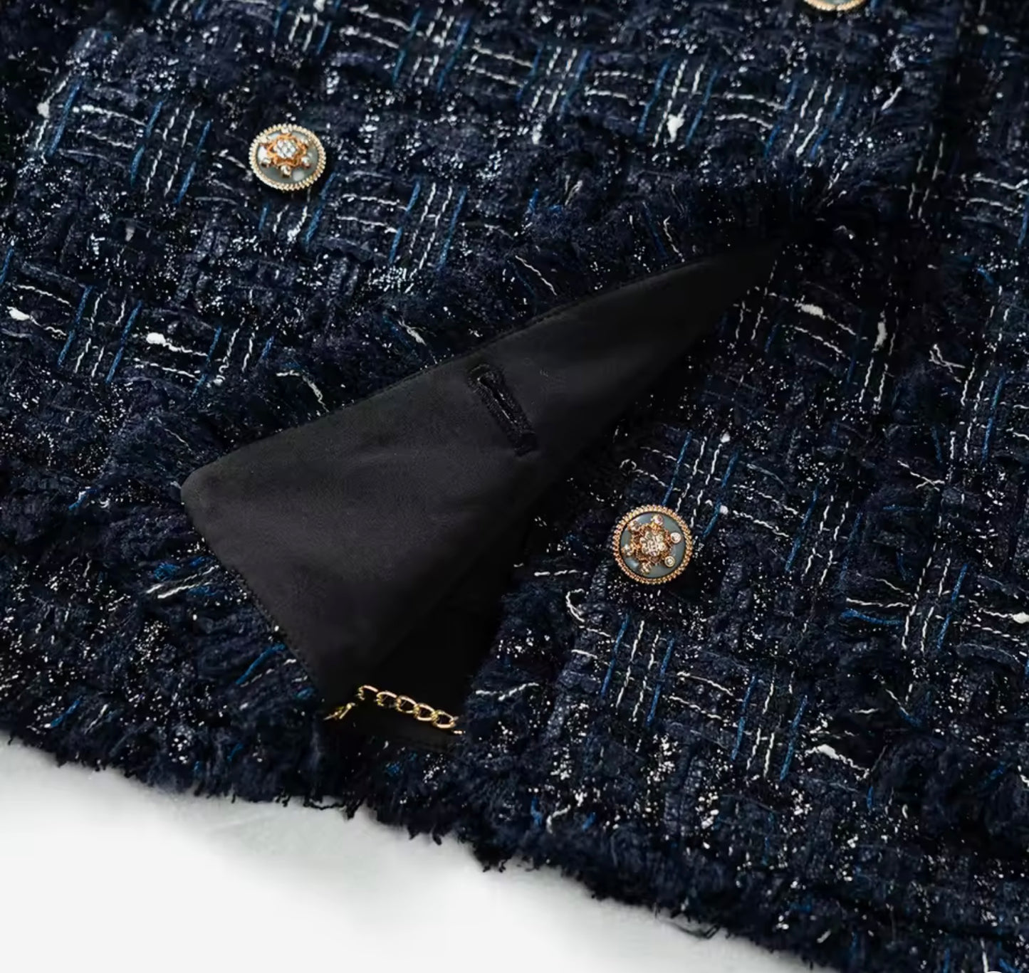 Luxury Navy Blue Tweed Jacket – Women’s Round Neck Single-Breasted Blazer with Gold Buttons | Elegant Celebrity-Inspired Fashion