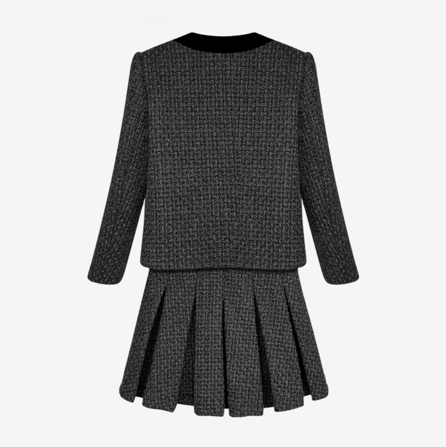 Elegant Women’s Two-Piece Tweed Blazer & Pleated Skirt Set – Grey