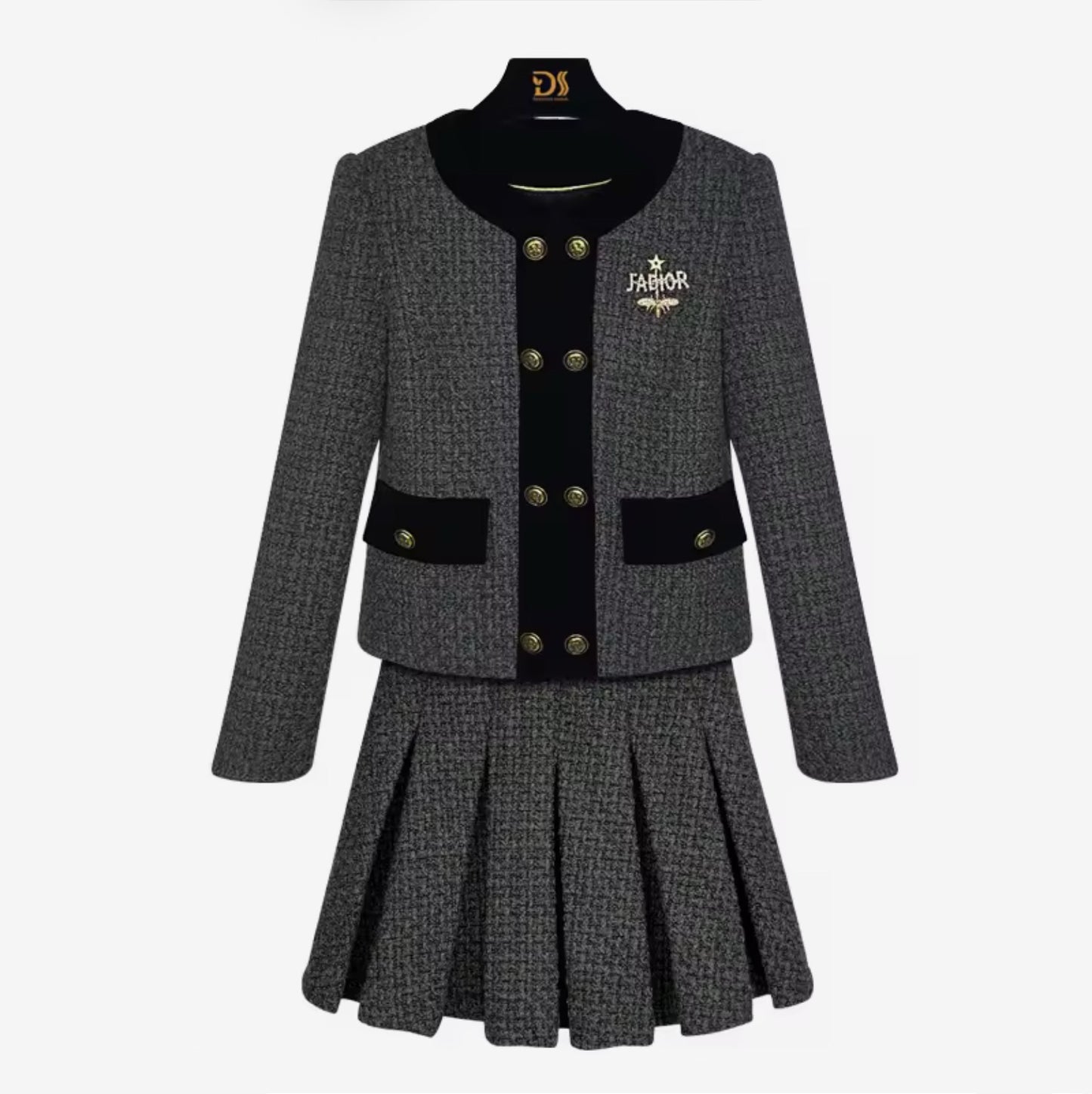 Elegant Women’s Two-Piece Tweed Blazer & Pleated Skirt Set – Grey