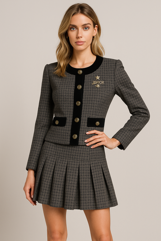 Elegant Women’s Two-Piece Tweed Blazer & Pleated Skirt Set – Grey
