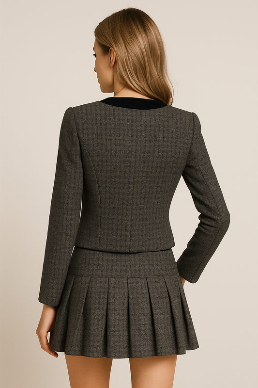 Elegant Women’s Two-Piece Tweed Blazer & Pleated Skirt Set – Grey