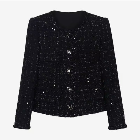Elegant Black Sequin Tweed Jacket – Luxury Single-Breasted Blazer with Round Neck