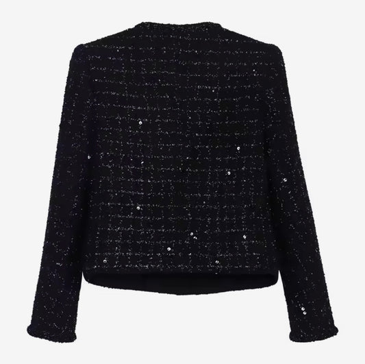 Elegant Black Sequin Tweed Jacket – Luxury Single-Breasted Blazer with Round Neck