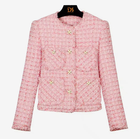 Elegant Pink Tweed Jacket – Luxury Pearl Button Blazer, Round Neck, Classic Feminine Style