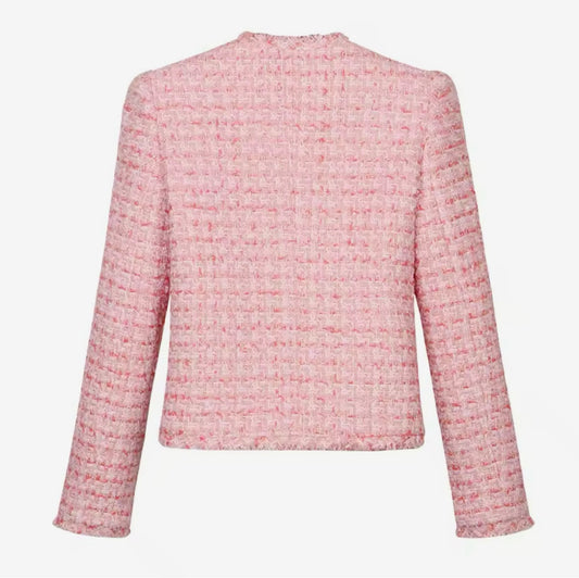 Elegant Pink Tweed Jacket – Luxury Pearl Button Blazer, Round Neck, Classic Feminine Style