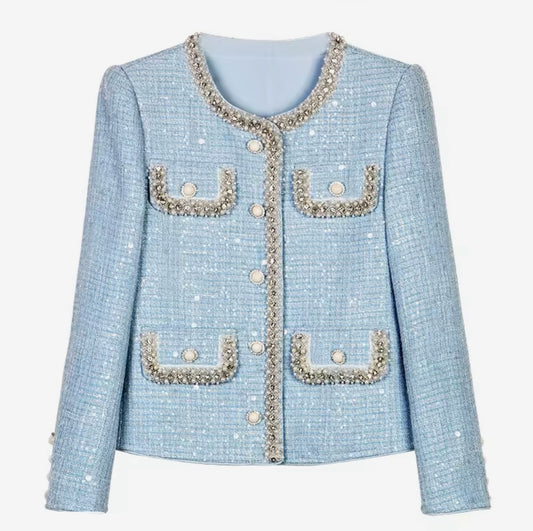Luxury Light Blue Tweed Jacket with Pearl & Crystal Trim – Elegant Women’s Blazer
