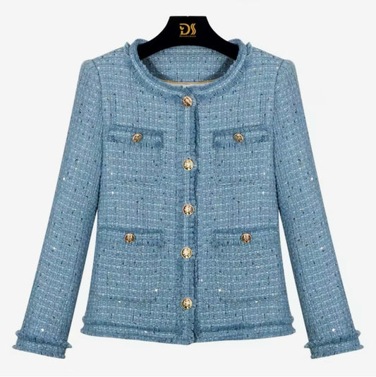 Luxury Blue Sequin Tweed Jacket – Elegant Round Neck Women’s Blazer with Gold Buttons | Celebrity Style Fashion