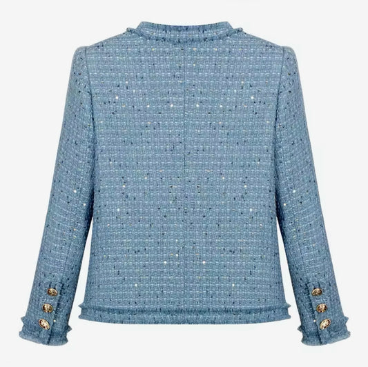 Luxury Blue Sequin Tweed Jacket – Elegant Round Neck Women’s Blazer with Gold Buttons | Celebrity Style Fashion