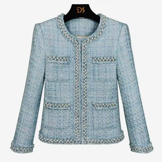 Luxury Blue Beaded Tweed Jacket – Elegant Women’s Round Neck Blazer with Pearl Trim | High-End Fashion