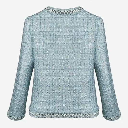 Luxury Blue Beaded Tweed Jacket – Elegant Women’s Round Neck Blazer with Pearl Trim | High-End Fashion
