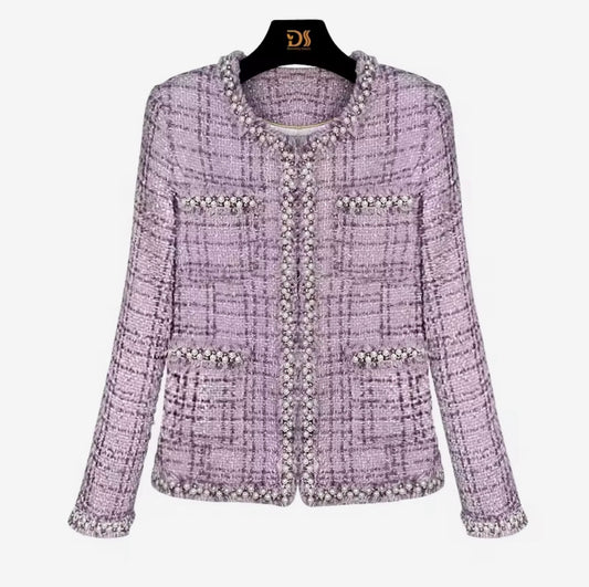 Luxury Purple Tweed Jacket – Women’s Round Neck Blazer with Pearl Beaded Trim | Elegant Celebrity Style Fashion