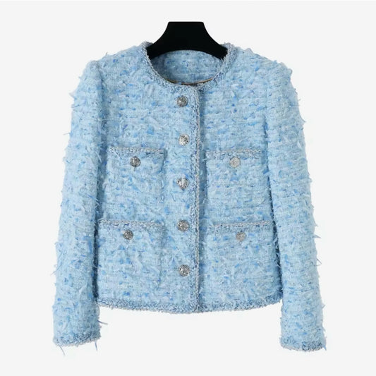 Luxury Light Blue Tweed Jacket – Women’s Round Neck Single-Breasted Blazer with Silver Buttons | Celebrity Style Fashion