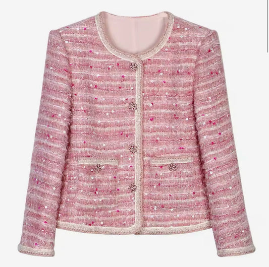 Luxury Pink Sequin Tweed Jacket – Women’s Round Neck Blazer with Elegant Beaded Buttons | Celebrity-Inspired High-End Fashion