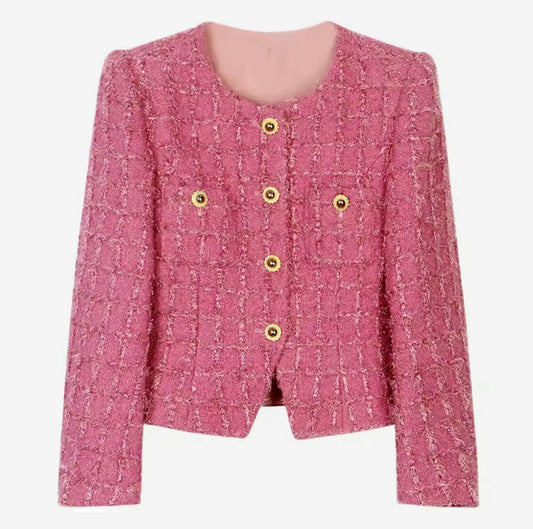 Luxury Pink Tweed Jacket – Women’s Round Neck Single-Breasted Blazer with Gold Buttons | Elegant Celebrity-Inspired Fashion