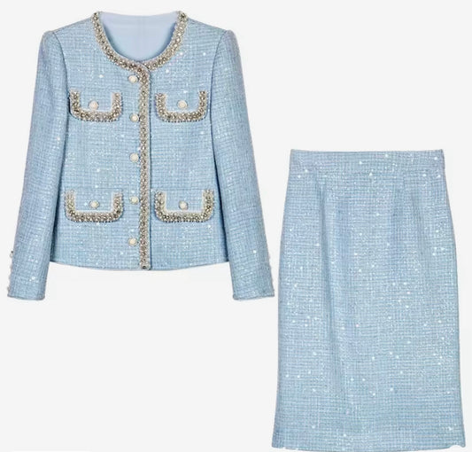 Luxury Blue Tweed Skirt Suit Set – Women’s Two-Piece Round Neck Blazer & Midi Skirt with Pearl Beaded Trim | Celebrity-Inspired High-End Fashion