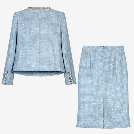 Luxury Blue Tweed Skirt Suit Set – Women’s Two-Piece Round Neck Blazer & Midi Skirt with Pearl Beaded Trim | Celebrity-Inspired High-End Fashion