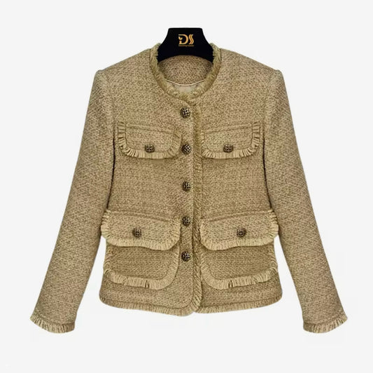 Luxury Beige Tweed Jacket – Women’s Round Neck Retro Single-Breasted Blazer with Decorative Pockets | Celebrity-Inspired High-End Fashion