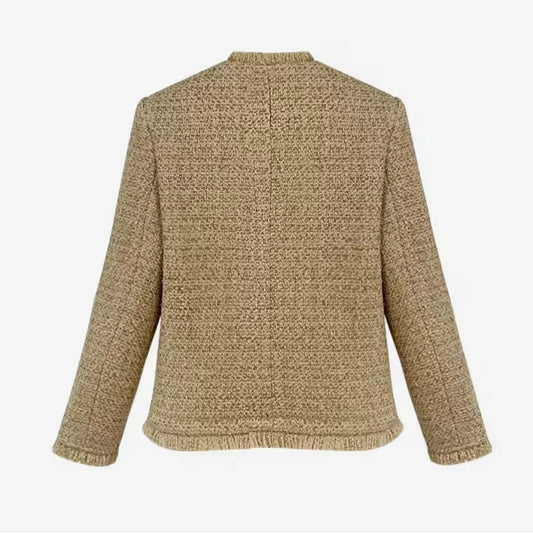 Luxury Beige Tweed Jacket – Women’s Round Neck Retro Single-Breasted Blazer with Decorative Pockets | Celebrity-Inspired High-End Fashion
