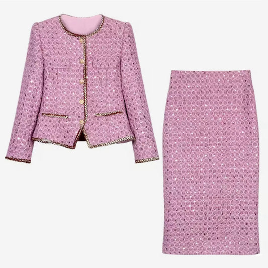 Luxury Lavender Sequin Tweed Skirt Suit Set – Women’s Two-Piece Blazer & Midi Skirt with Gold Trim | Celebrity-Inspired High-End Fashion
