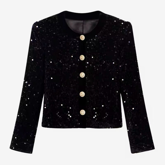 Luxury Black Sequin Tweed Jacket – Women’s Round Neck Single-Breasted Blazer with Gold Buttons | Elegant Celebrity-Inspired Fashion