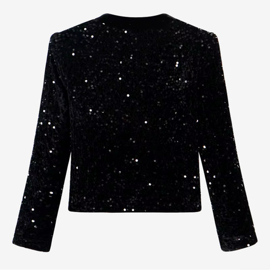Luxury Black Sequin Tweed Jacket – Women’s Round Neck Single-Breasted Blazer with Gold Buttons | Elegant Celebrity-Inspired Fashion