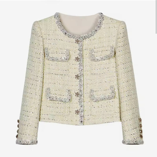 Luxury Light Yellow Tweed Jacket – Women’s Round Neck Blazer with Diamond Beaded Trim | Celebrity-Inspired High-End Fashion