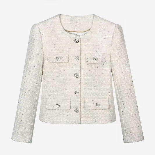 Luxury White Tweed Jacket – Women’s Round Neck Single-Breasted Blazer with Crystal Buttons | Elegant Celebrity-Inspired Fashion