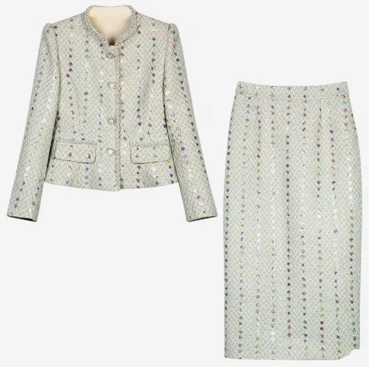 Luxury Light Green Tweed Skirt Suit Set – Women’s Two-Piece Blazer & Slim Midi Skirt with Sequin Details | Celebrity-Inspired Elegant Fashion