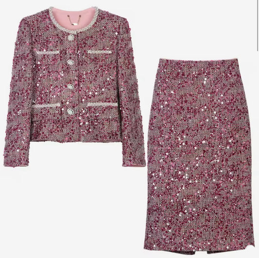 Luxury Pink Sequin Tweed Skirt Suit Set – Women’s Two-Piece Blazer & Midi Skirt with Pearl Trim | Celebrity-Inspired High-End Fashion