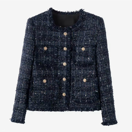 Luxury Navy Blue Tweed Jacket – Women’s Round Neck Single-Breasted Blazer with Gold Buttons | Elegant Celebrity-Inspired Fashion